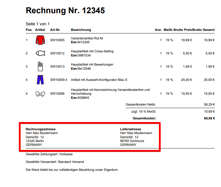 Rechnungs- und Lieferadresse auf Dokumente