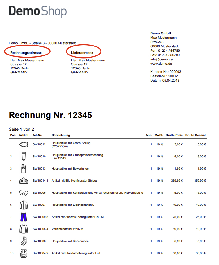 Rechnungs- und Lieferadresse auf Dokumente