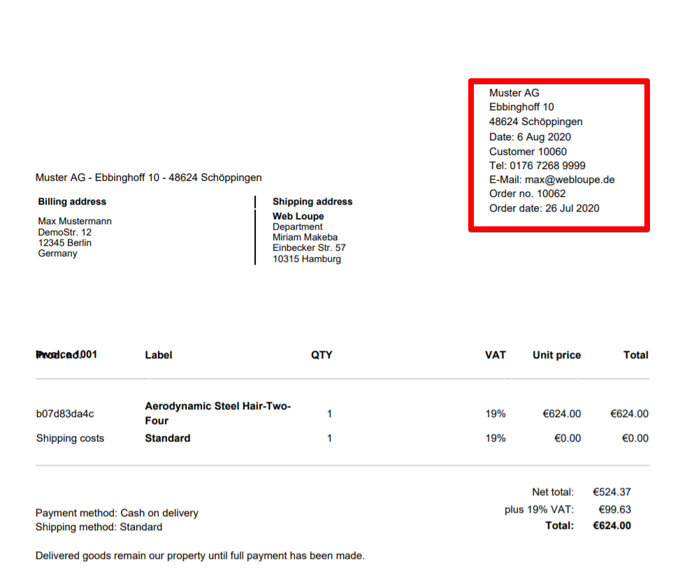E-Mail Adresse auf Rechnungen und Lieferscheine für Shopware 6
