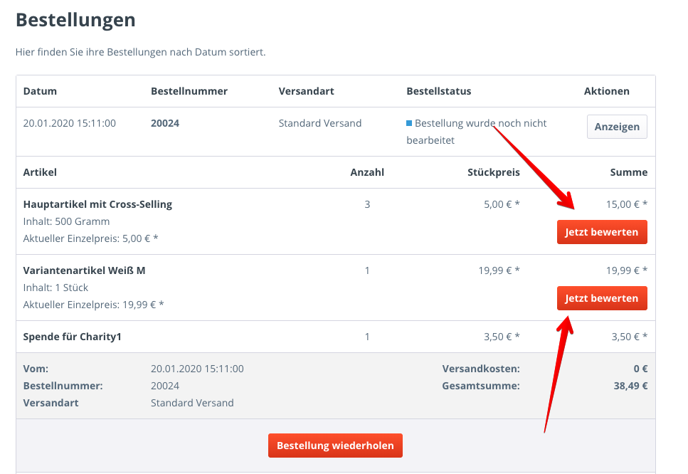 Produktbewertung im Kundenkonto - Gutschein