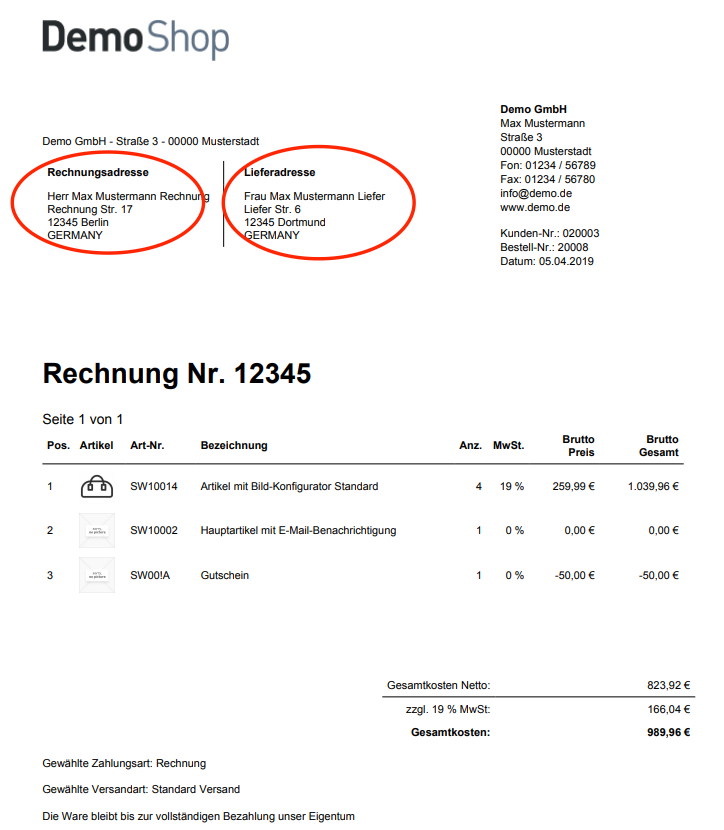 Rechnungs- und Lieferadresse auf Dokumente