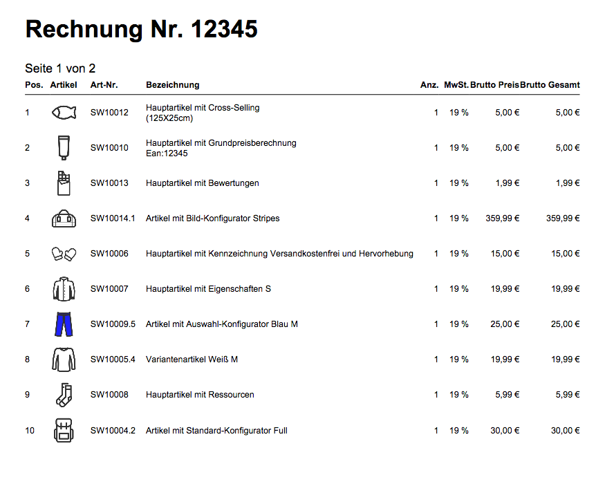Artikelbilder auf Rechnungen und Dokumente